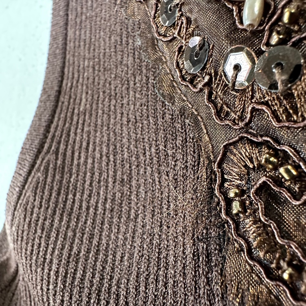 Cache Brown Ribbed Lace Sequin Beaded Sleeveless Tank Top Large 20227 - Picture 14 of 15